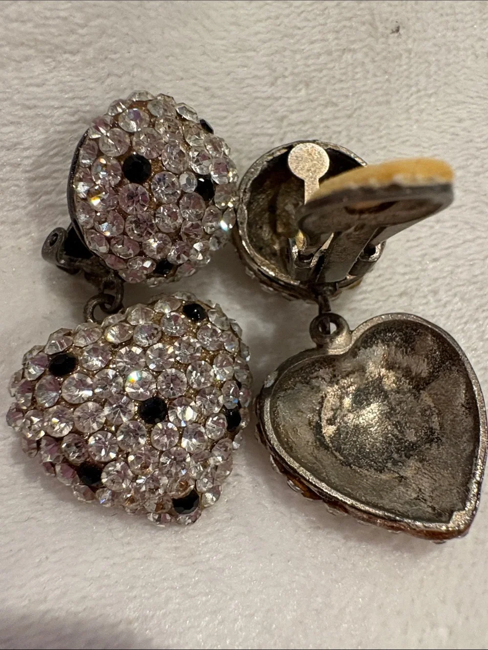 Vintage Black & Clear Drop heart Crystal Earrings New Clip